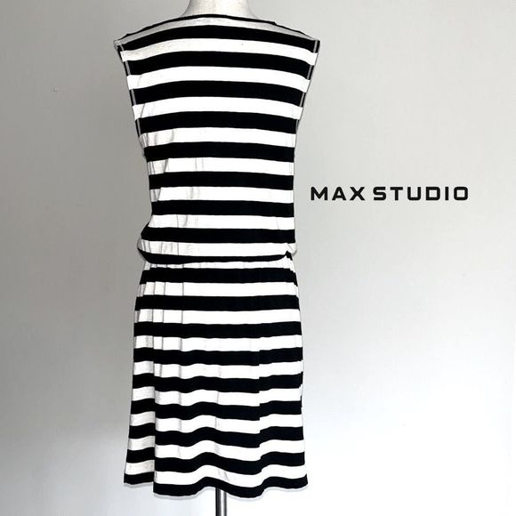 MAX STUDIO BLACK AND WHITE STRIPED PULLOVER DRESS | DRAWN WAIST | XS - Picture 4 of 9